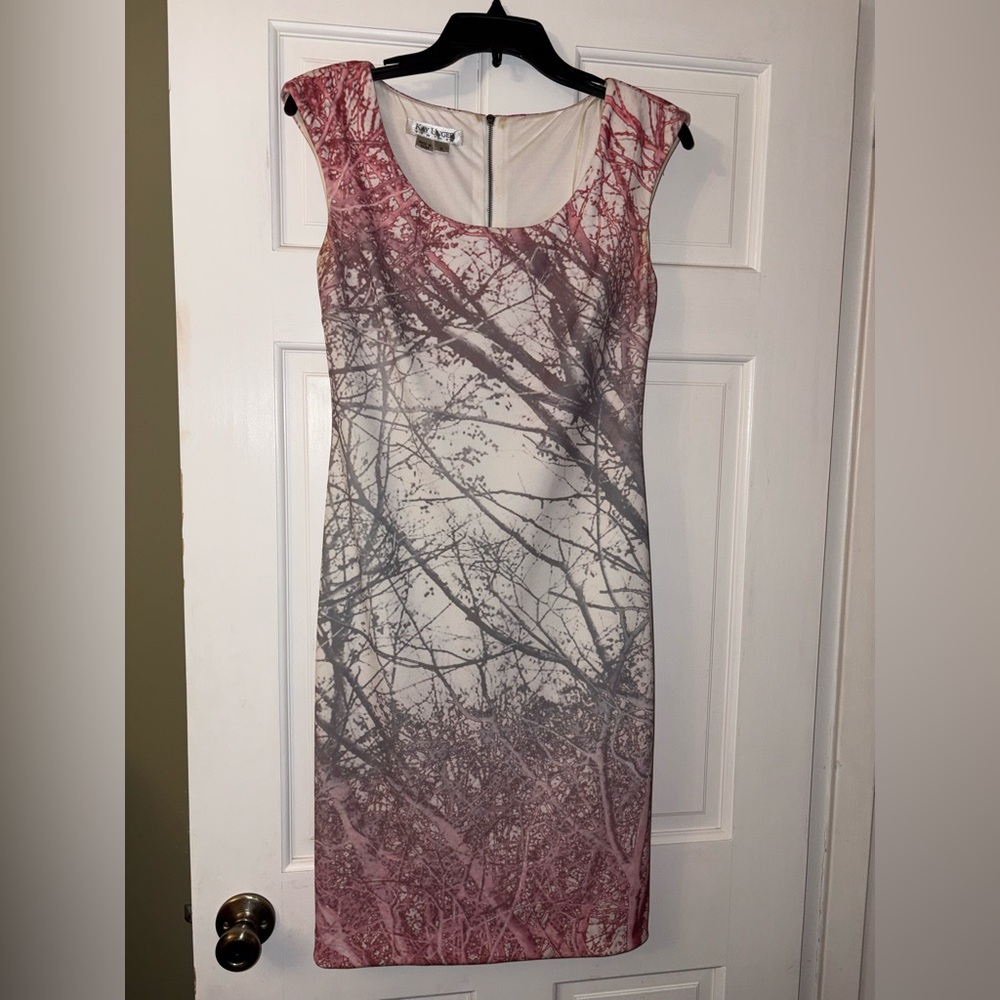 Kay Unger Pink and Gray Branch Print Midi Dress